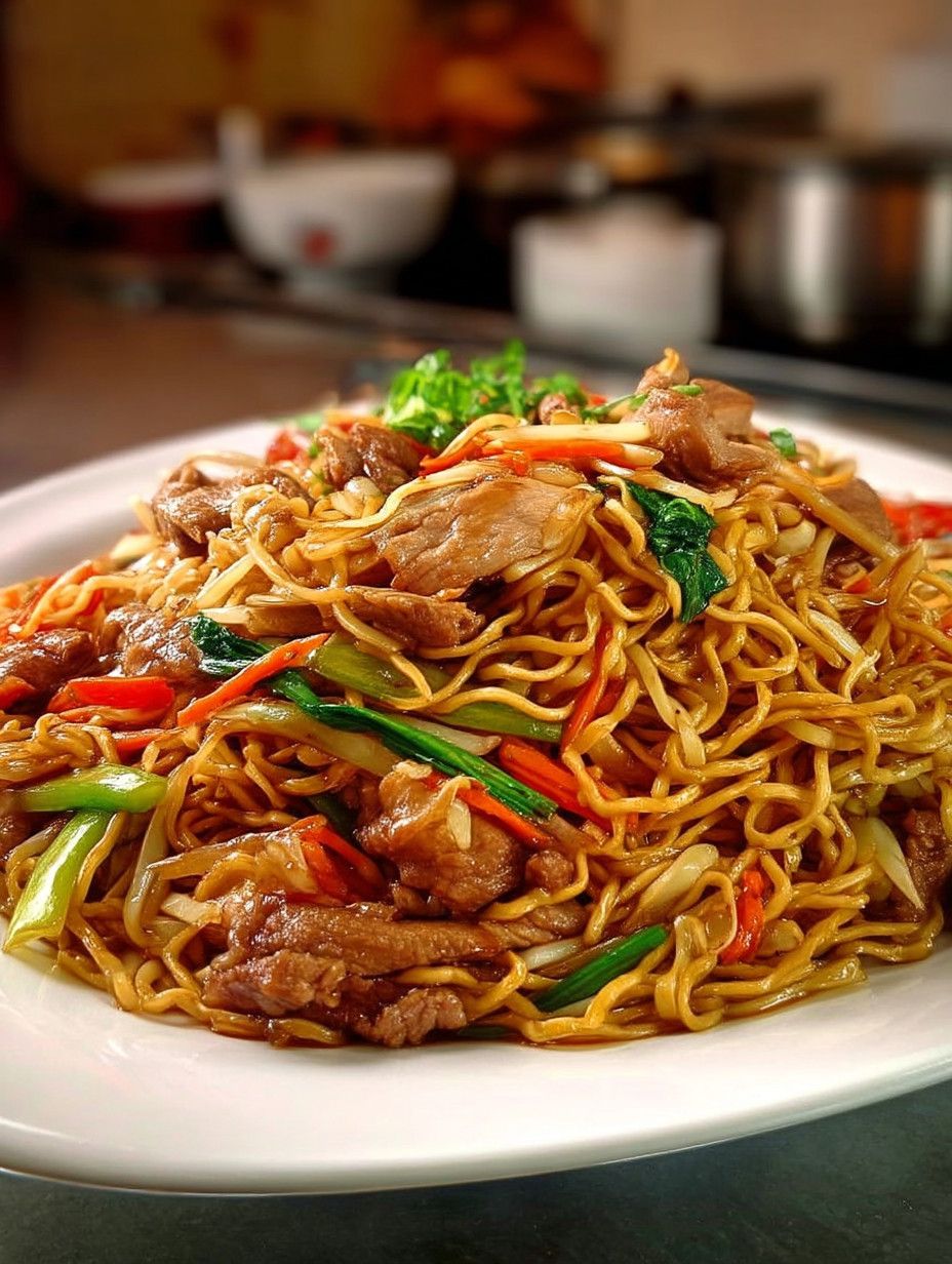 Shoots chow mein with noodles, vegetables, and sliced meat